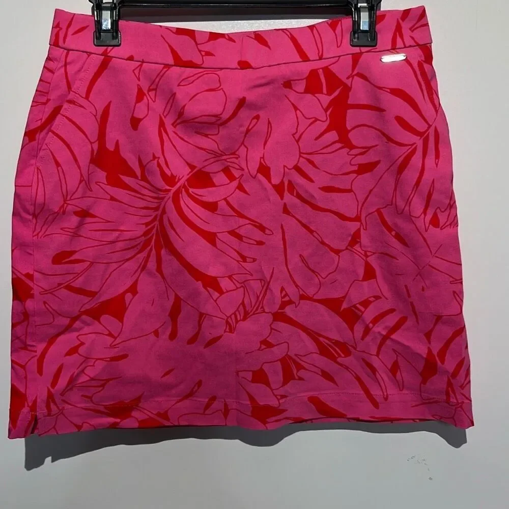 Rafaella Women's Pink Leaf Print Elastic Waist Built-In Shorts Mini Skort Medium